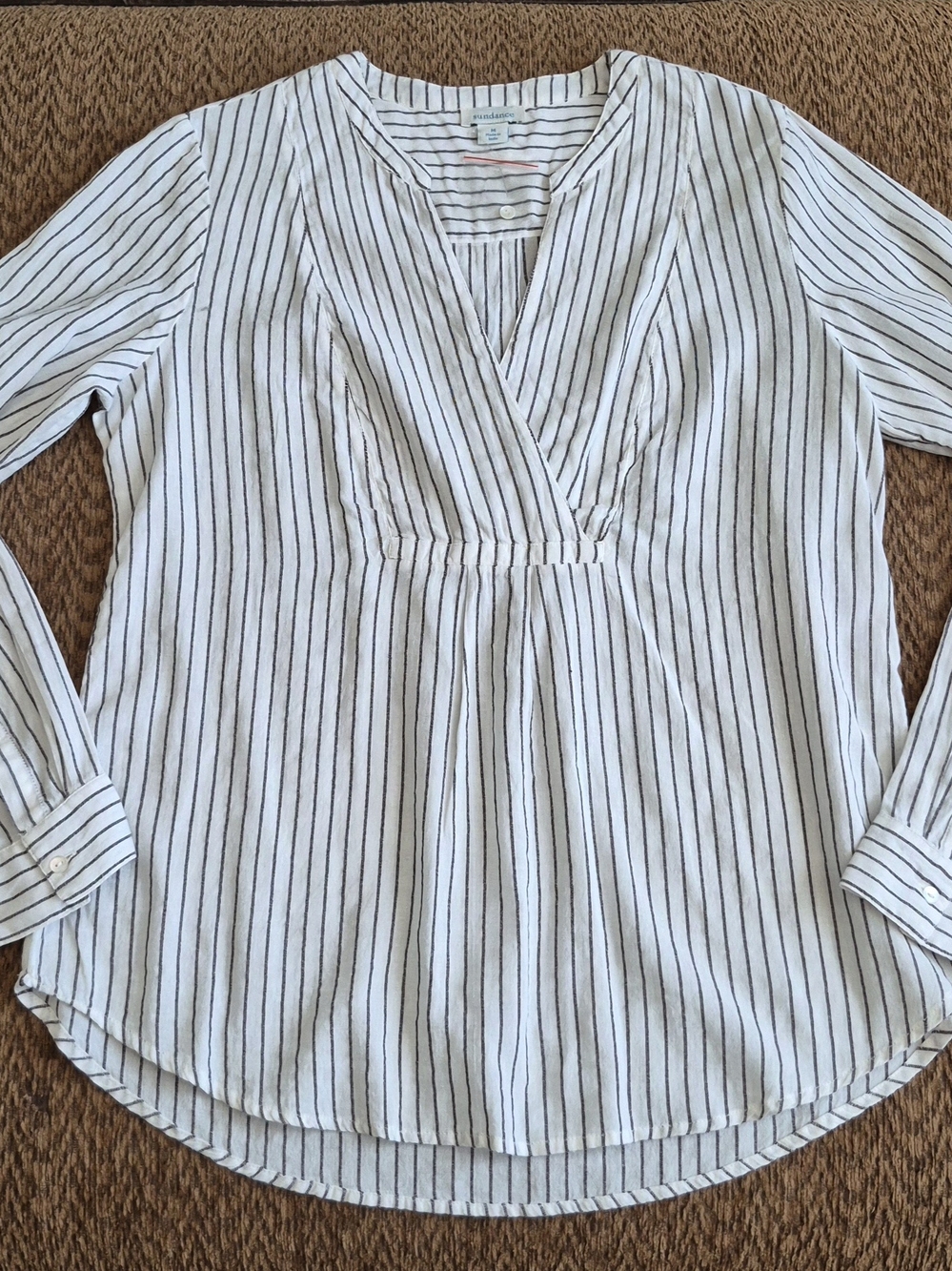 Sundance White Long-Sleeve V-Neck Tunic with Black Stripes
